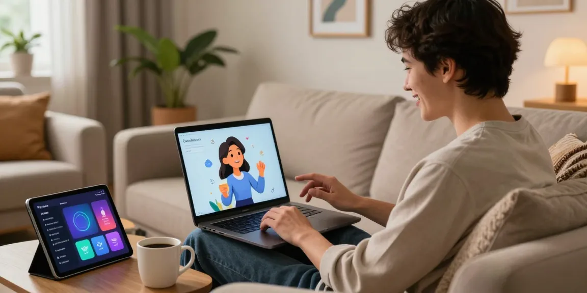Engaging moment of a user experiencing Crush on AI in a cozy living room, showcasing friendly interaction.