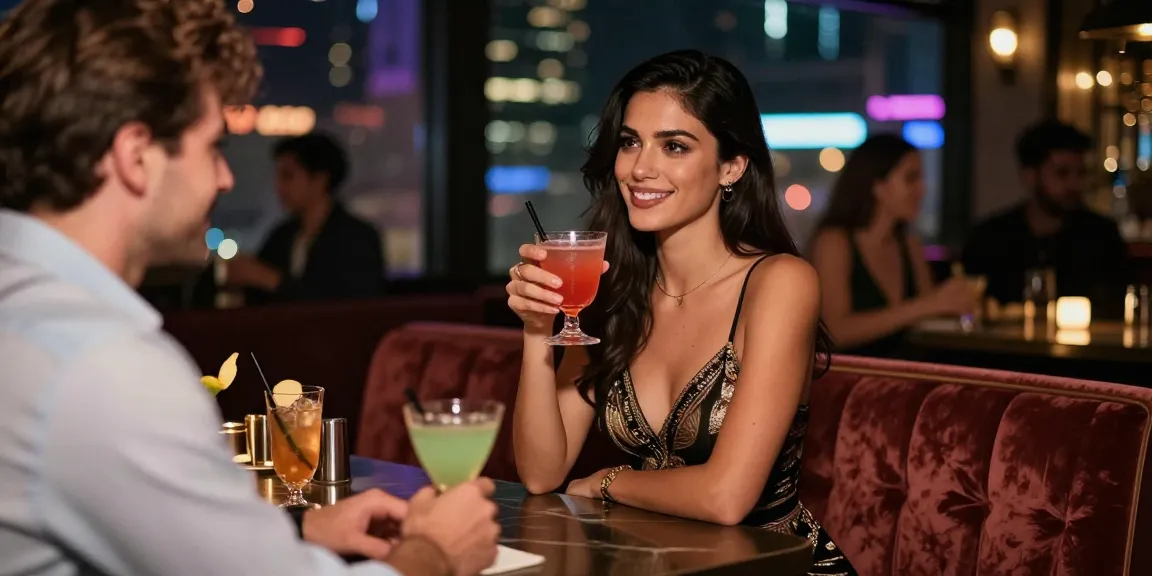 Chic İstanbul Escort engaging with a client in a vibrant bar setting
