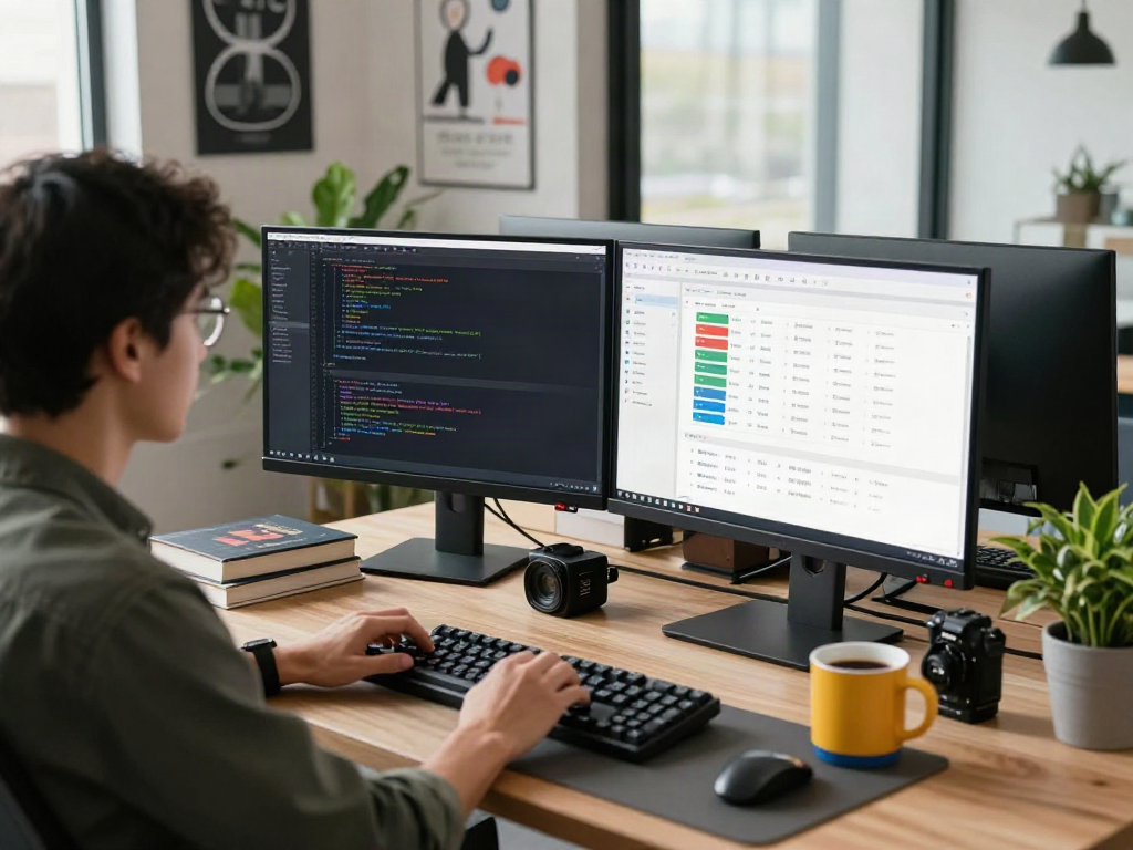 Workspace at https://alo8app.win/ showcasing a developer immersed in coding with dual monitors, coffee mug, and plants.