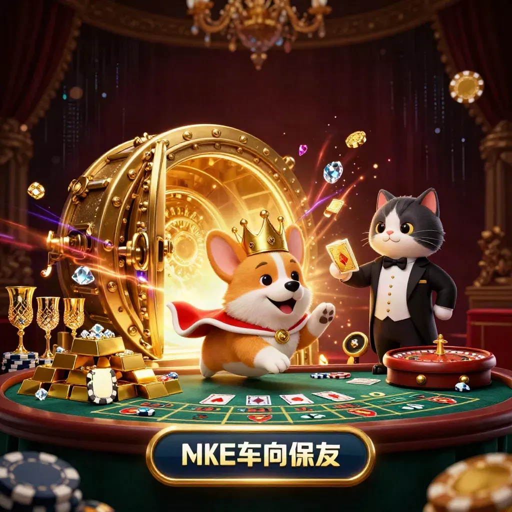 Royal corgi and cat butler amid treasure, vault light, and casino luxury