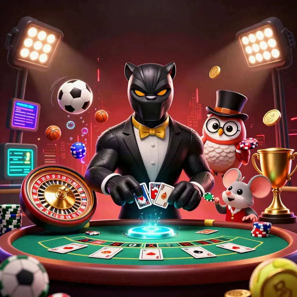Black panther, owl, and mouse at a neon blackjack table with flying sports balls and casino glow.