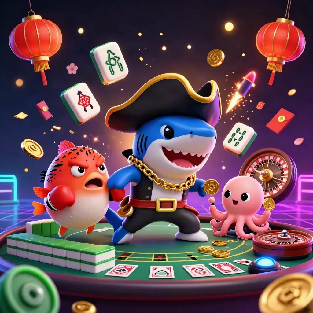 Pirate shark, boxing pufferfish, and juggling octopus amid neon casino lights and gold effects.