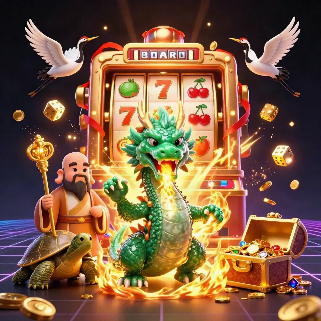 Emerald dragon, turtle sage, and cranes amid casino explosions of gold, reels, gems, and fire.