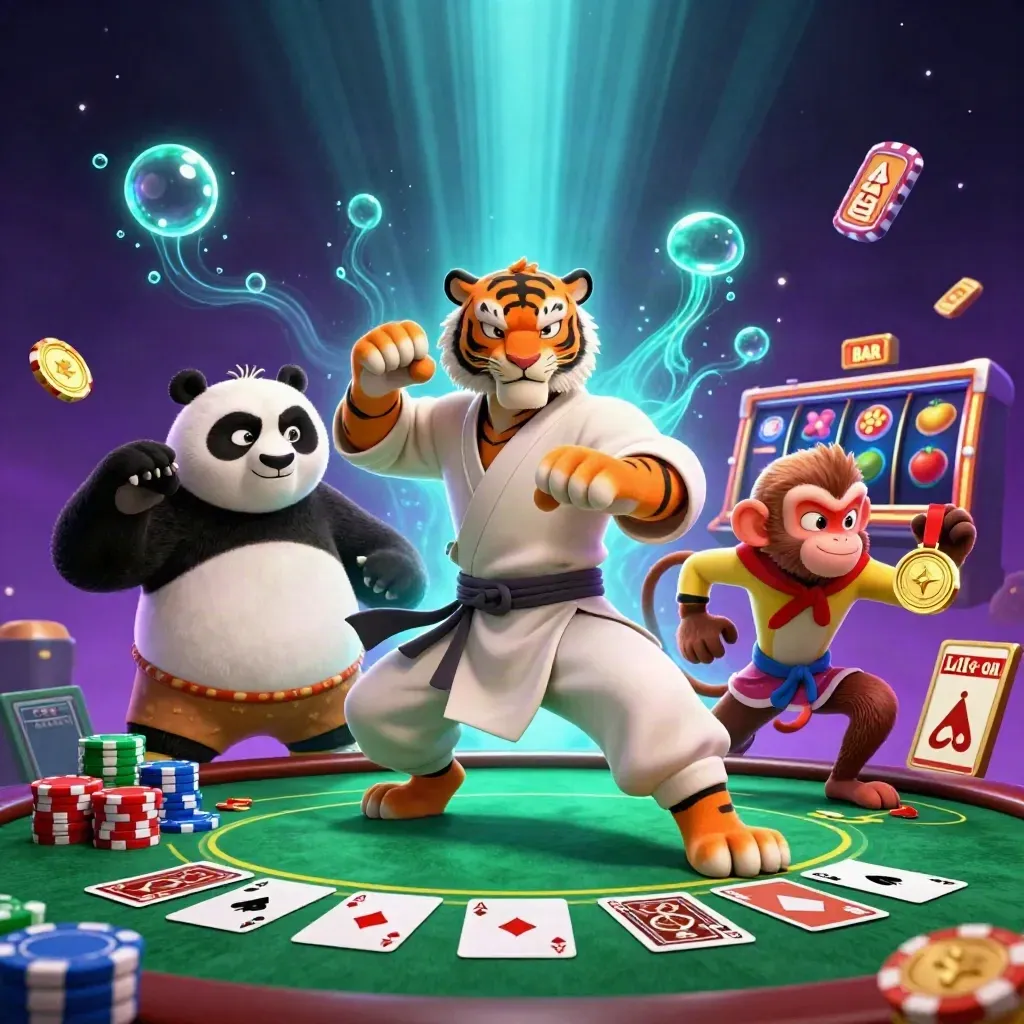 Tiger, panda, and monkey poker heroes amid chips, aces, slots, and cyan magic.