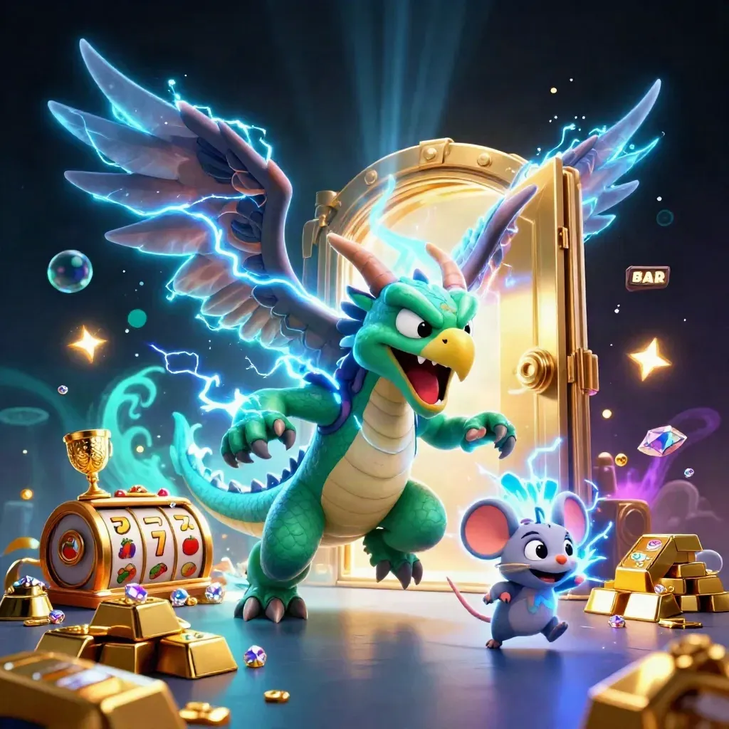 Electric dragon, hawk, and mouse burst from a gold vault amid gems and neon blue light.