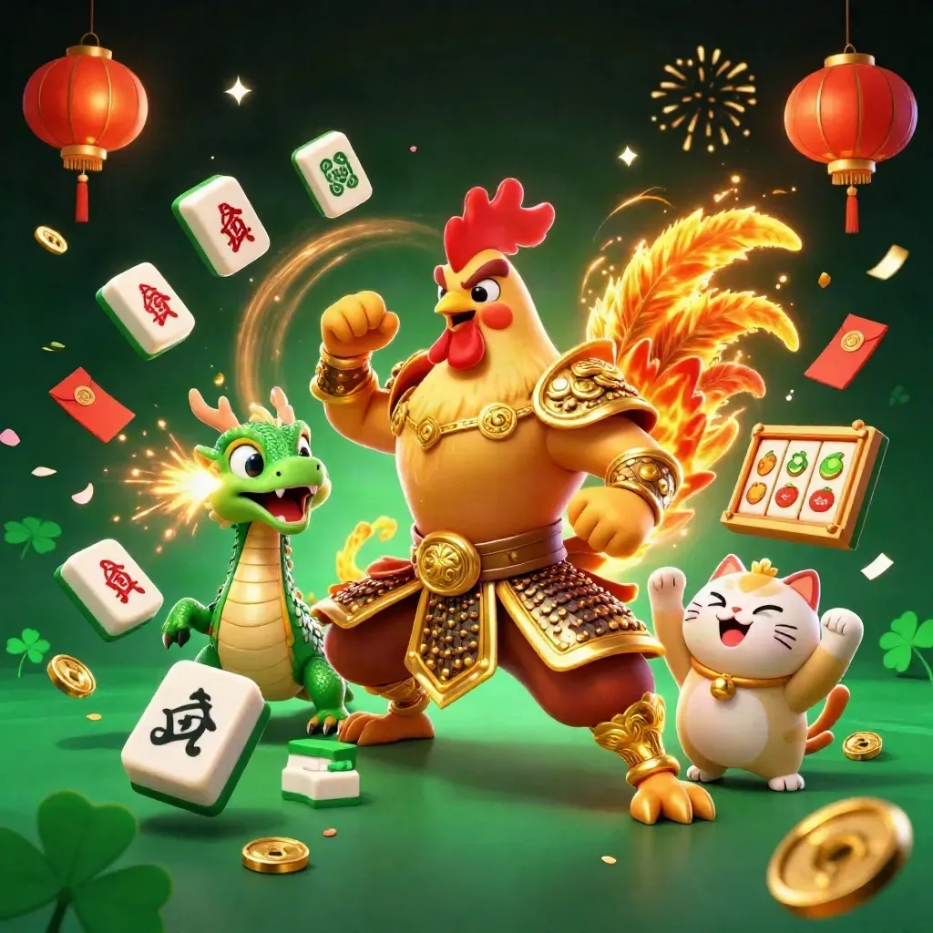 Rooster warrior, dragon hatchling, and fortune-cat amid casino gems, lanterns, and fireworks.
