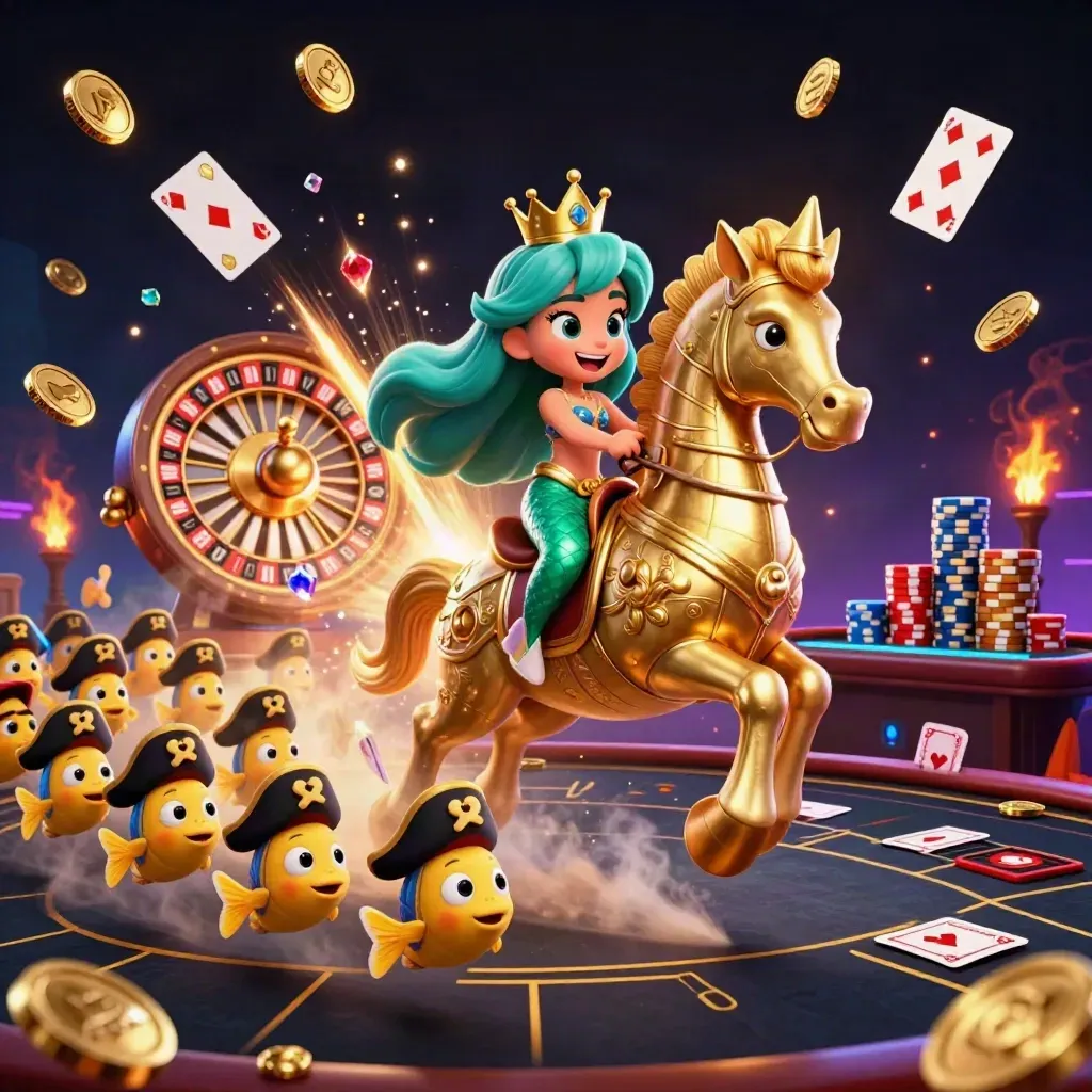 Mermaid princess rides armored seahorse amid coins, chips, cards, roulette spin, and casino sparks.