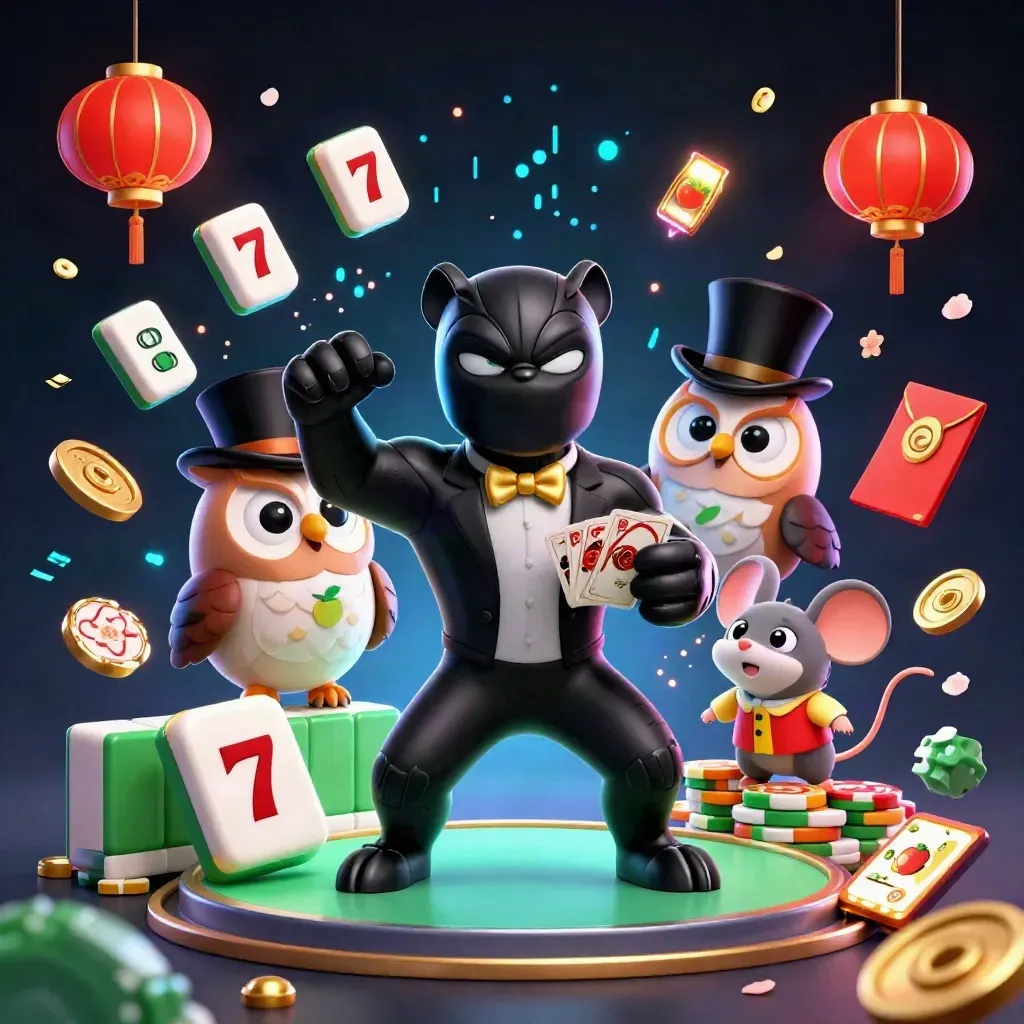 Black panther, owl and mouse deal cards amid gold chips, lanterns, coins and neon casino energy.