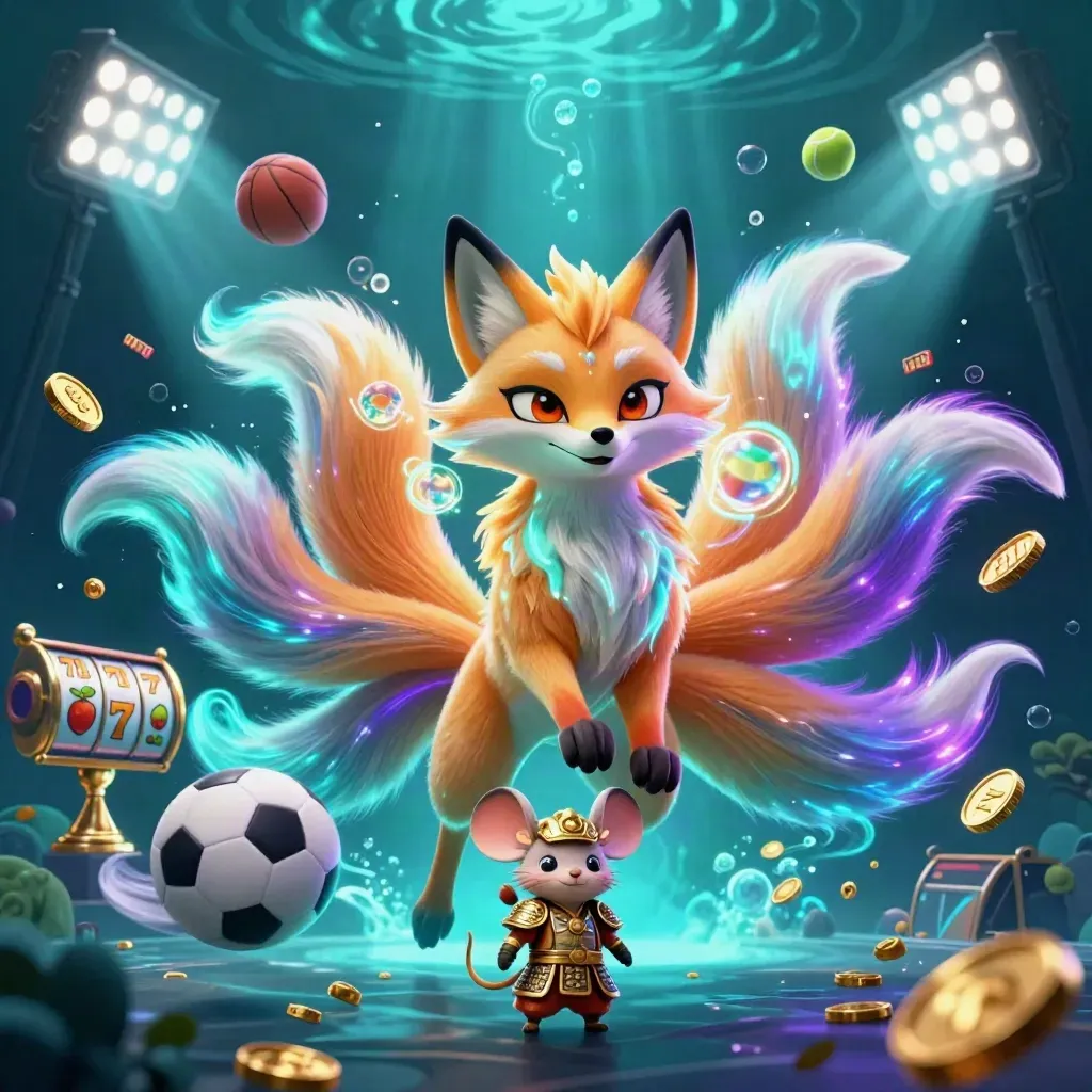 Nine-tailed fox spirit, samurai mouse, coins, sports balls, reels, and glowing underwater casino effects.