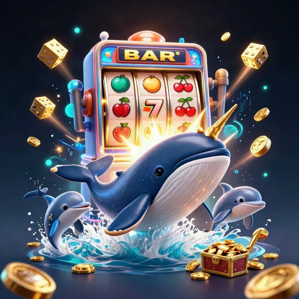 Captain whale, narwhal, dolphins, coins, slot burst, dice, treasure chest, dark casino glow